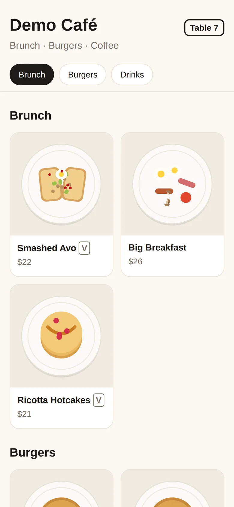 A phone showing a visual café menu with dishes, prices and a Brunch, Burgers and Drinks tab bar.