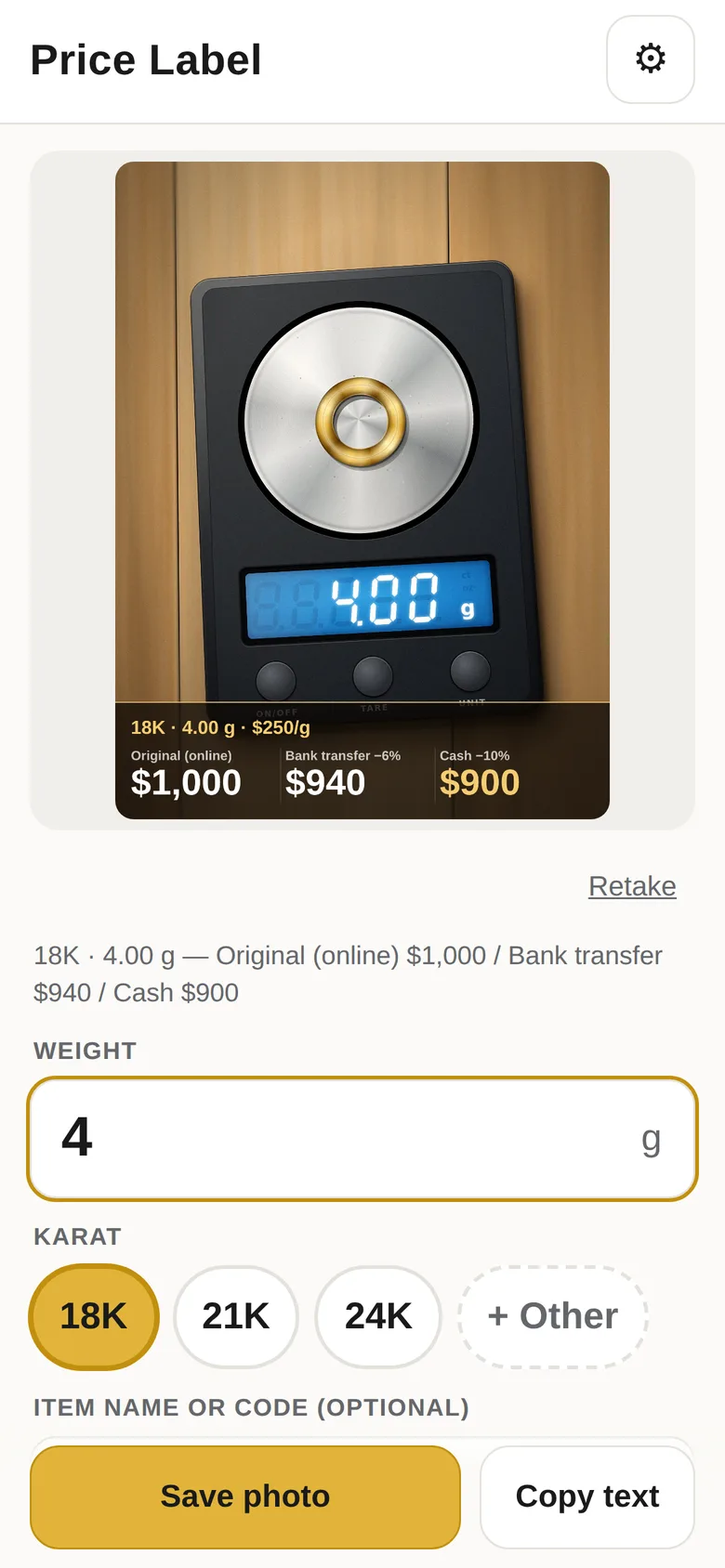 A phone showing a price tool. A photo of a scale reading 4.00 grams has the price written across it.